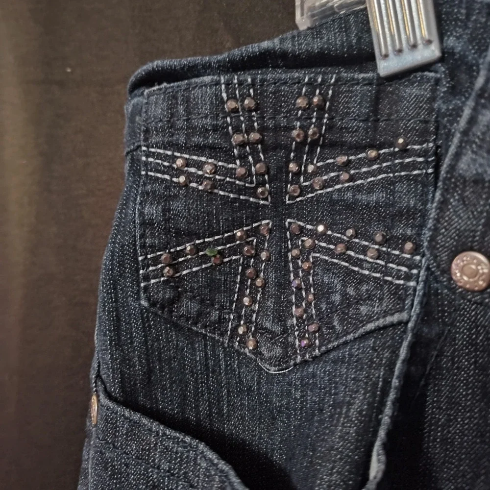 20 W jeans U 51 embroidered bling stretch dark blue straight crinkled